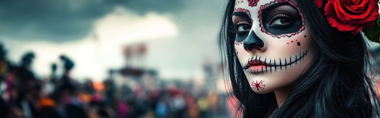 Fototapeta premium Young woman with sugar skull makeup posing at day of the dead celebration