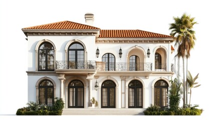 Fototapeta premium Elegant Mediterranean villa with distinct arched windows and a terracotta roof on a white background, perfect for showcasing luxurious properties in sunny locales.