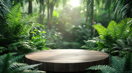Wooden podium in a lush jungle, surrounded by ferns, soft natural lighting