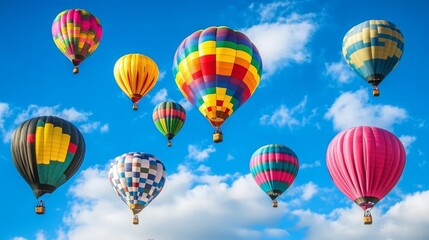 Obraz premium Colorful hot air balloons soaring through a cloudy sky, EPS transparency. 