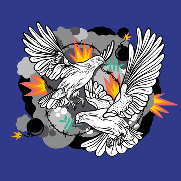 Flying dove of peace in front of exploding bombs with 
barbed wire Illustration, peace illustration, flying doves, Doves of peace