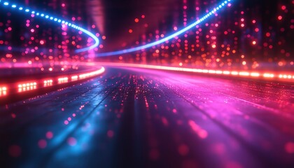 Obraz premium Neon light trails racing on a hightech grid, bright and fastpaced