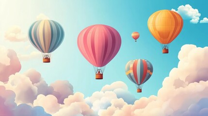 Fototapeta premium Colorful hot air balloons soaring through a cloudy sky, EPS transparency. 