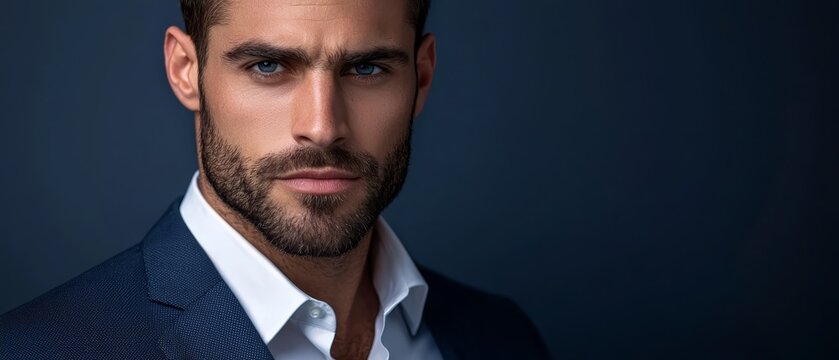 A close-up of a bearded man in a blue blazer and a white shirt