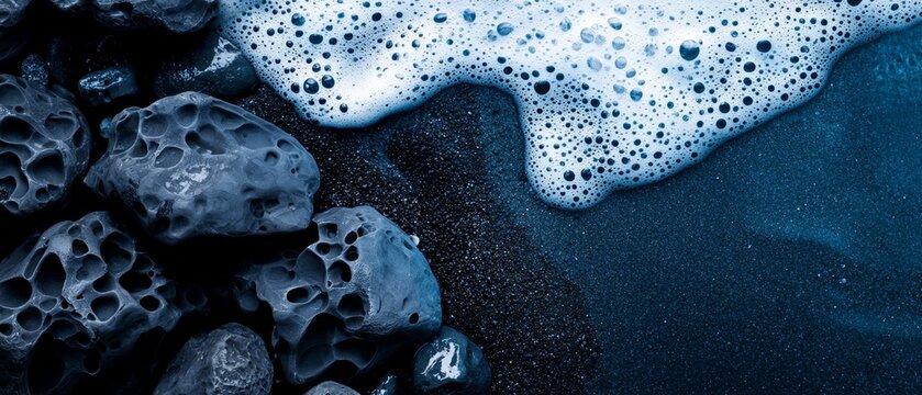  A black sand beach with foaming waves continually surging in and retreating, rocks lining the shore