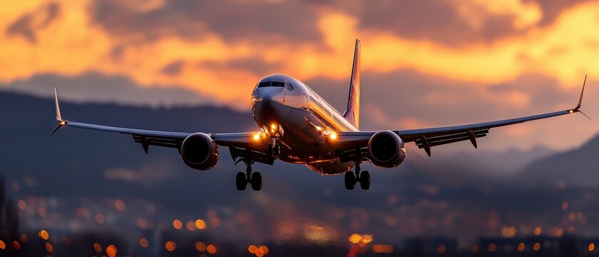  A large jetliner flies through a cloudy night sky, its wings illuminated by lights
