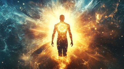Obraz premium AI poster: human silhouette on black with vibrant sparkles. -