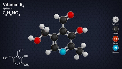 Molecule of Pyridoxal (C8H9NO3) is one of the active forms of vitamin B6, essential for numerous biochemical reactions. Dark background. 3d illustration