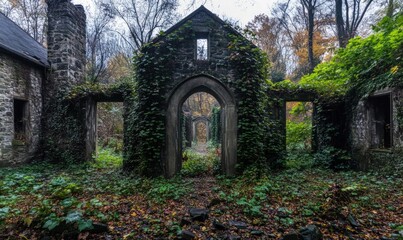 Fototapeta premium A stone archway overgrown with ivy leads to a mysterious path through the woods.