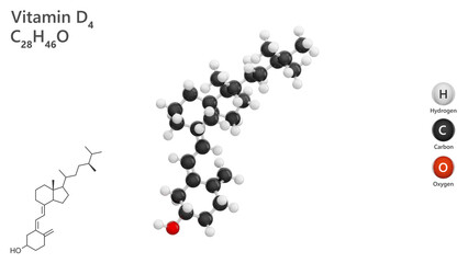 Molecule of Vitamin D4, or enthcalciferol (C27H44O), is a vitamin derived from certain fungi. It plays a role in calcium metabolism, similar to other vitamin D forms. White background. 3d illustration