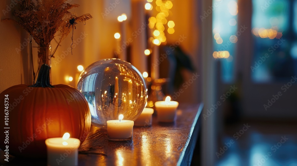 Poster Halloween decorations with pumpkins crystal ball and candles on furniture in hallway