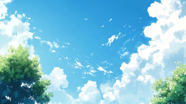 Blue Sky with White Clouds and Green Trees