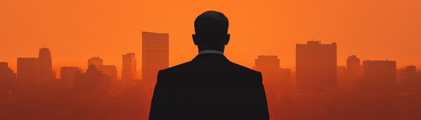 A silhouetted figure gazes at a vibrant orange sunset over a city skyline, evoking a sense of contemplation and inspiration.