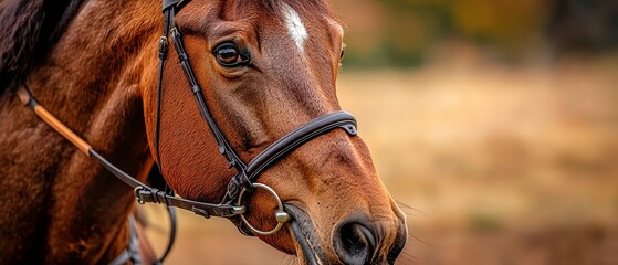 Obraz premium A tight shot of a brown horse wearing a black bridle and sporting a white stripe on its face