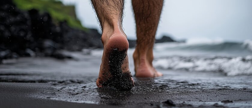  A tight shot of unclad feet wading in beach water, beside the ocean