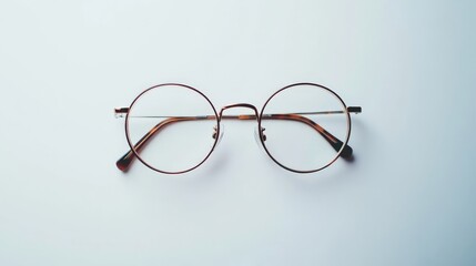 Minimalistic overhead shot of round eyeglasses on a white background, showcasing simplicity and elegance in eyewear design.