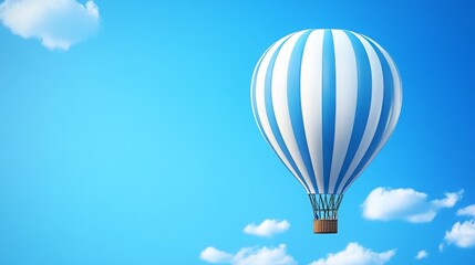 Fototapeta premium Travel banner with realistic 3D hot air balloon in blue sky, summer vacation concept.