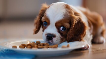 Close-up of a dog, puppy eating from a bowl, with a blurred background. Concept of pet care and feeding