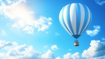 Fototapeta premium Travel banner with realistic 3D hot air balloon in blue sky, summer vacation concept.