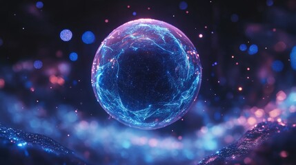 Fototapeta premium Ultramarine energy sphere floating in the universe, representing slow-motion tech and AI.