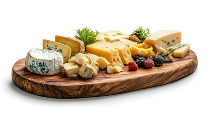 Wooden cheese platter featuring a variety of cheeses like camembert, Swiss, blue cheese, cheddar, and gouda, isolated on white.