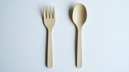 A biodegradable fork and spoon set, laid side by side on a white background, highlighting eco-conscious packaging.