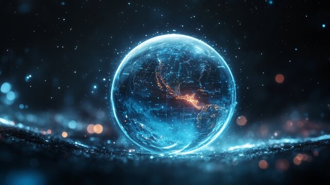 Ultramarine energy sphere floating in the universe, representing slow-motion tech and AI.