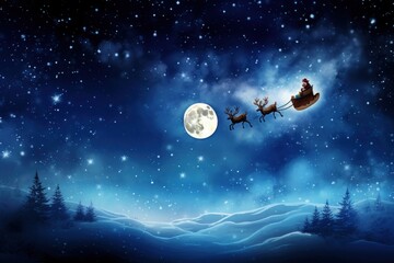 Santa Claus and four Rudolphs on a sleigh flying through the sky night moon astronomy.
