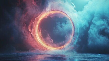 A large red circle is surrounded by a blue cloud