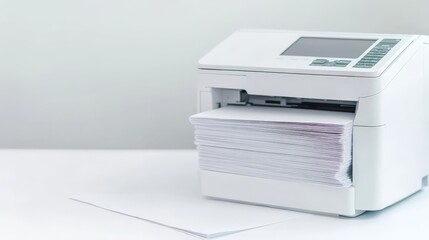 Modern white office printer with a stack of printed sheets in a professional workspace setting. Ideal for business and workplace contexts.