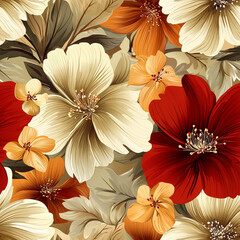 Vibrant seamless floral pattern with large red, cream, and orange flowers for bold wallpaper