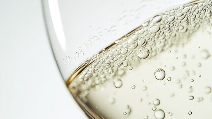A close-up of a champagne glass with a thin layer of bubbles, beautifully highlighting its effervescence on a white background.