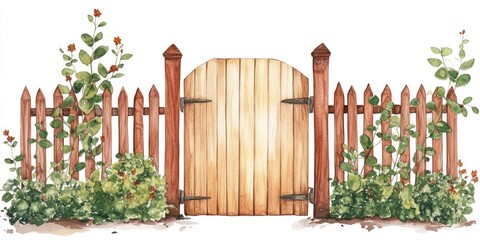 Obraz premium Brown wooden garden fence door with flowers bushes illustration outdoors art.