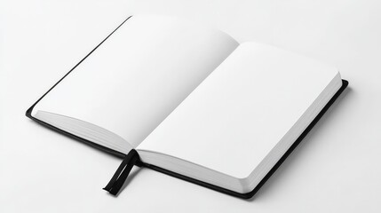 Open blank notebook with black cover and bookmark, symbolizing creativity and fresh ideas, set against a minimalist white background.