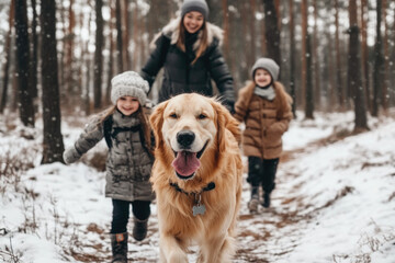 Happy active family with kids walking their pet dog golden retriever in the snowy winter forest 