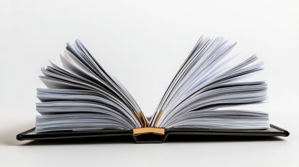 Fototapeta premium Open book with pages fanned out on a white background, showcasing knowledge, learning, and literature in a minimalist setting.