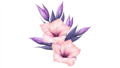 Obraz premium Beautiful pink flowers with purple leaves on a white isolate background.