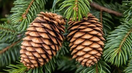 Fototapeta premium A festive arrangement showcases colorful ornaments and pine cones nestled among evergreen branches