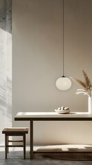 Minimalist Scandinavian-Style Dining Room with Pendant Lamp and Wooden Furniture