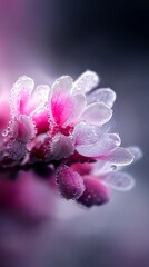  A tight shot of a pink bloom, adorned with pearls of water on its petals, surrounded by an indistinct backdrop