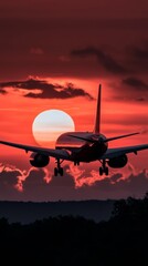  A large jetliner flies against a backdrop of a red sunset sky, with the sun setting behind it