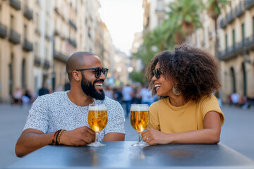 Happy Couple Enjoying Drinks at Outdoor Cafe