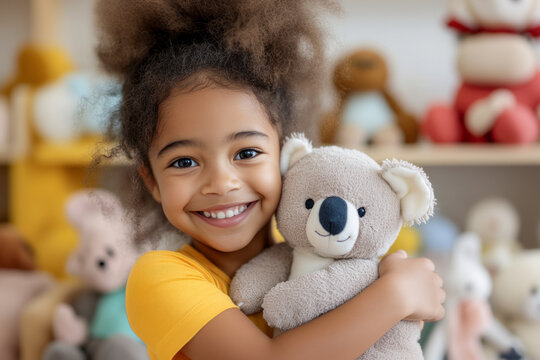 Smiling Child Hugging a Koala Plush Toy