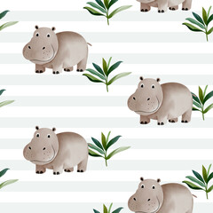 Cute seamless pattern with watercolor hippopotamus. Childish background. Baby hippopotamus wallpaper.