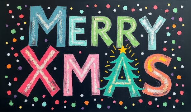 A Christmas tree and the inscription merry xmas are painted on the blackboard in colored chalk - Powered by Adobe