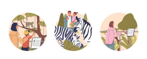Isolated Vector Round Icons Or Avatars With Cartoon Visitors Family Characters Explore The Zoo Interacting With Animals