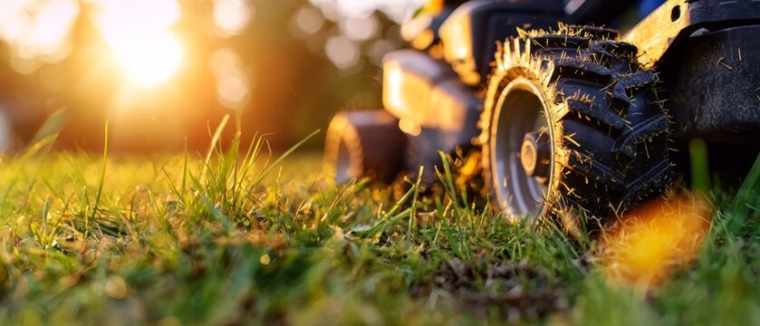  A tight shot of a lawnmower in the grass, sun casting light from afar behind it