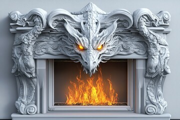 Fototapeta premium elegant white fireplace with stone intricate carving dragon head with glowing eyes and opened mouth with strong metal frame and fire 