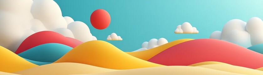 Abstract D Landscape with Colorful Hills and Clouds