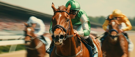 Intense Horse Racing Action Close-Up of Determined Jockey and Galloping Horse in Thrilling Blur of Race Track Excitement